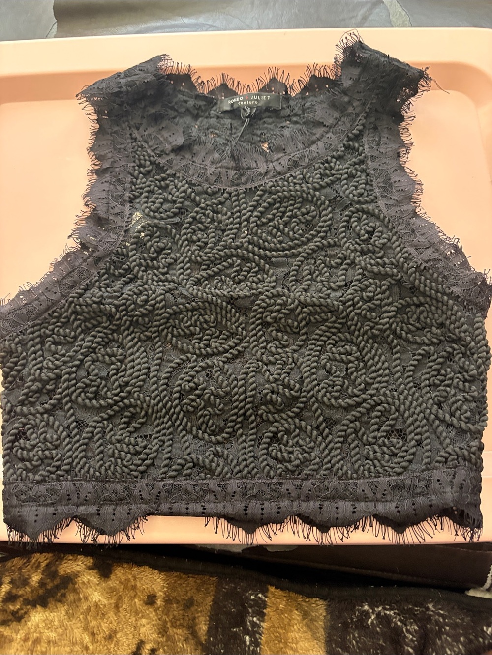Romeo & Juliet Couture Black Lace-Textured Cropped Tank Top NWT